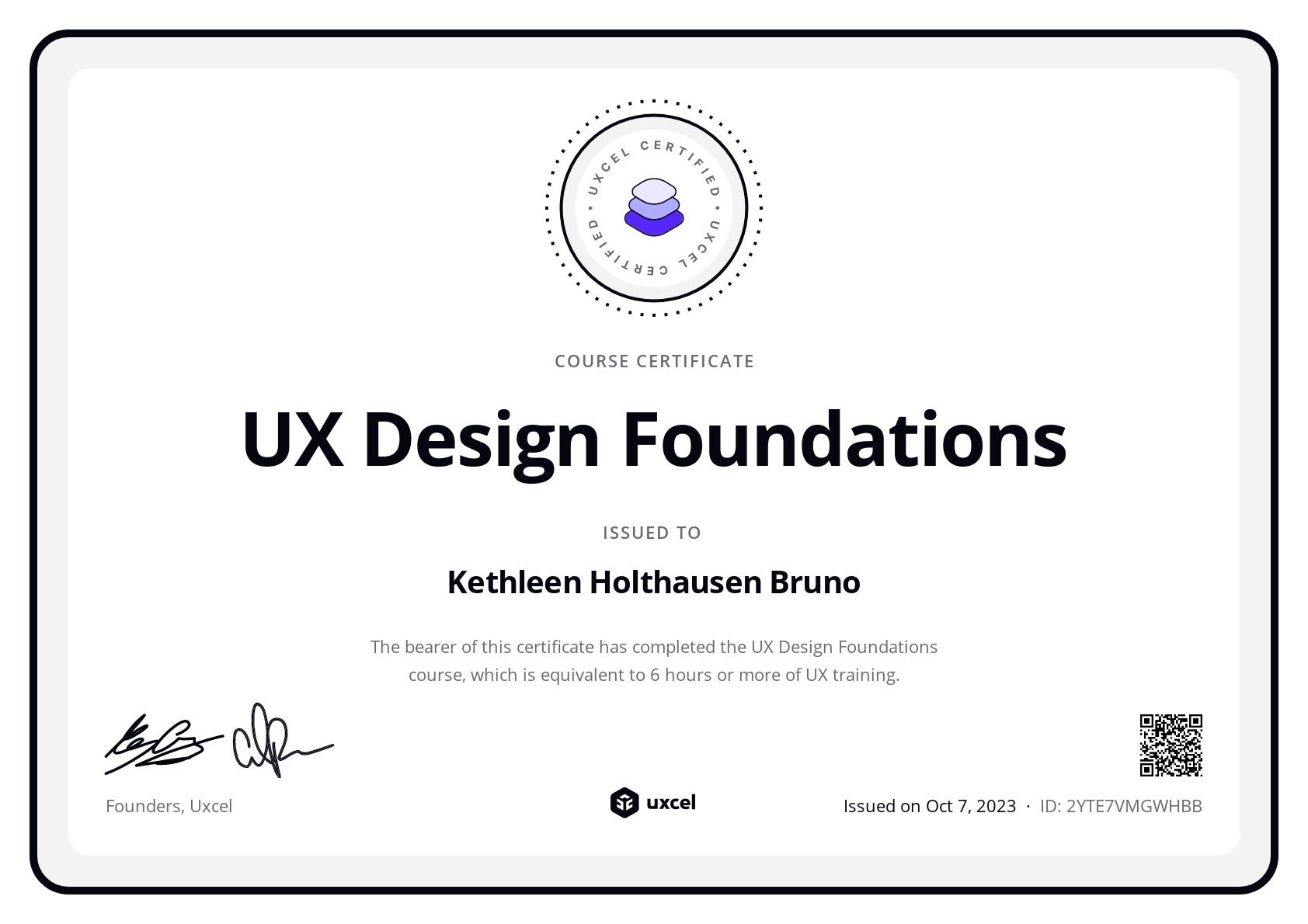 Kethleen Holthausen Bruno's certificate